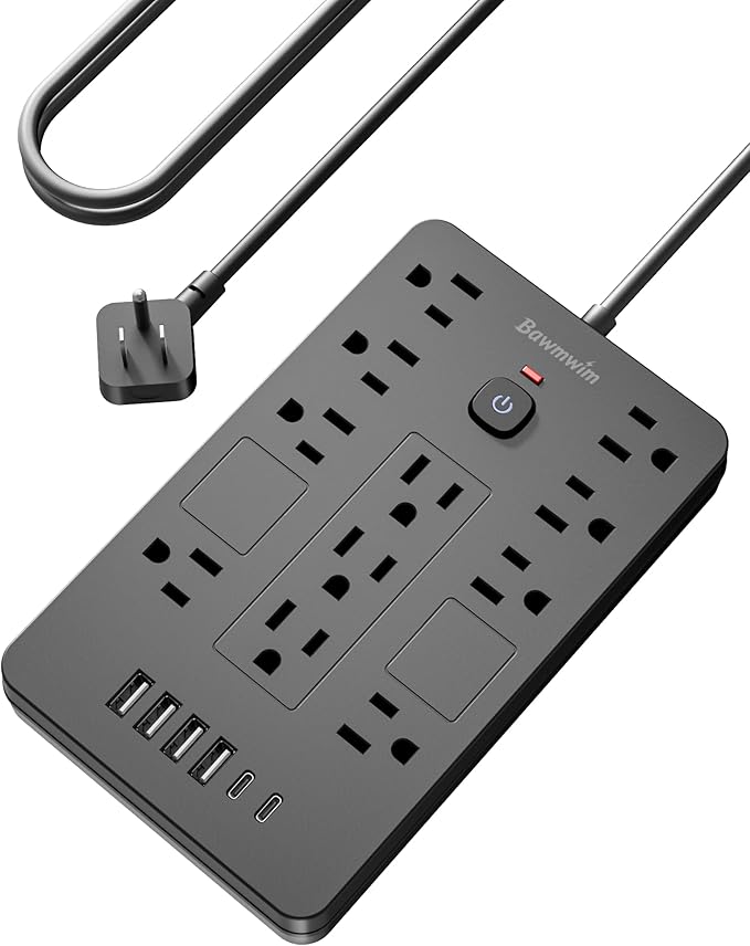 Bawmwim Surge Protector Power Strip - 11 Outlets(1850W/15A) with 6 USB Ports(2 USB C), 10FT Flat Plug Extension Cord, Wall Mount, Black, ETL Listed for Home, Dorm Room