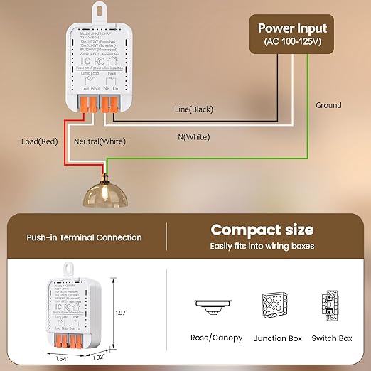 SURAIELEC Wireless Light Switch & Receiver Kit, 15A RF Remote Control Wall Switch, 100ft Range, Push-in Terminal Wiring, Expandable, Ultra-Thin Mini Size, Quick Installation (Neutral Wire Required)