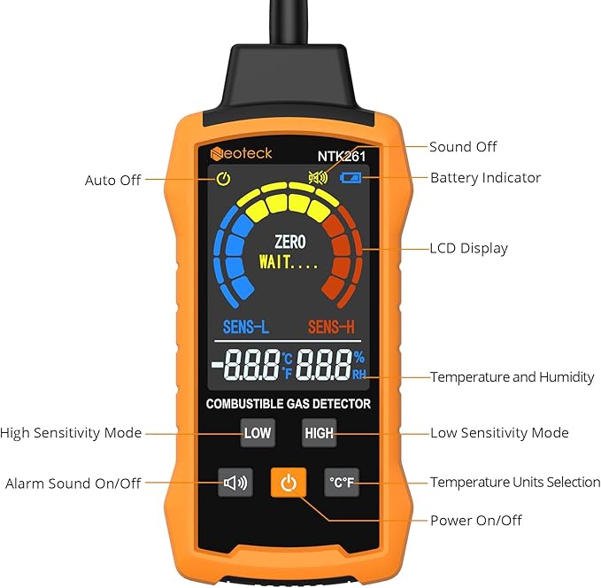 Neoteck Natural Gas Detector Gas Leak Detector with 12” Gooseneck Combustible Gas Detector with Audible & Visual Alarm Test Methane Propane Gasoline Natural Gas for Gas Pipeline Gas Stove and RV