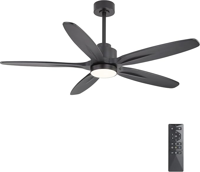 WINGBO 54" Ceiling Fan with Light - 5 Carved Solid Wood Blades, 6-Speed Reversible DC Motor, Dimmable, 3CCT, Noiseless Remote Control Ceiling Fans with Lights for Bedroom Living Room, Matte Black