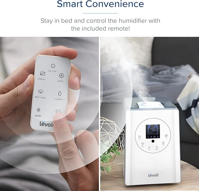 LEVOIT Humidifiers for Bedroom Large Room Home, 6L Warm and Cool Mist Ultrasonic Air Vaporizer for Plants and Whole House, Built-in Humidity Sensor, Essential Oil Diffuser, Whisper Quiet, Timer, White