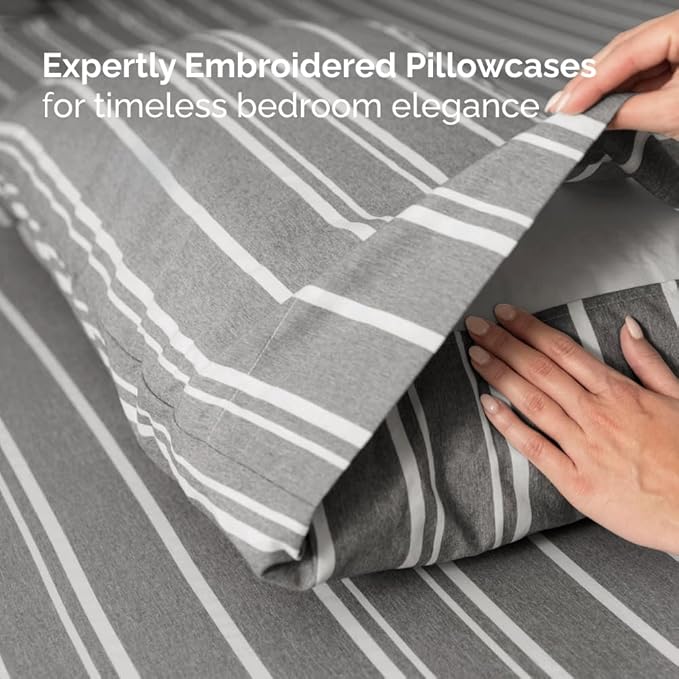 Split Head King Sheet Set – 4 Piece Flex Split Top King Sheets for Adjustable Beds - Fits 14” to 16" Mattress w/ Deep Pockets - Breathable & Cooling - Luxury Bedding and Wrinkle Free - Grey Stripes 3