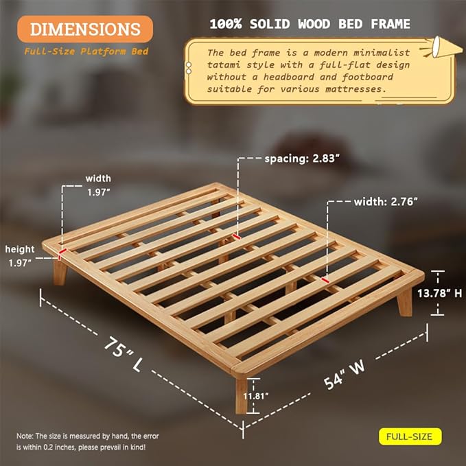 Full Platform Bed Base - 14 Inch Solid Wood Mattress Foundation with Support Slats and Legs, Full-Size Rubberwood Simple Bed Frame