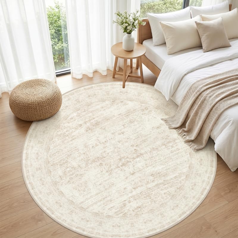 Round Area Rug Living Room: 6ft Washable Carpet Retro Beige - Image 4