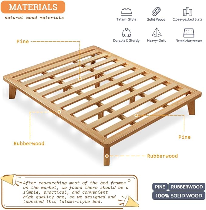 King Platform Bed Base - 14 Inch Solid Wood Mattress Foundation with Support Slats and Legs, King-Size Rubberwood Simple Bed Frame