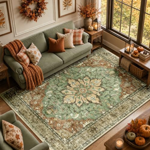 RELEANY Washable Area Rug, 6'x9', Brick/Brown/Green by RELEANY