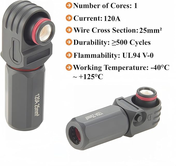 1 Set Battery Energy Storage Connector 120A 25mm² High Current HV Connectors Quick Plug Terminal Right Angle Plug and Socket IP67 Waterproof Power Adapter (Black, 120A)