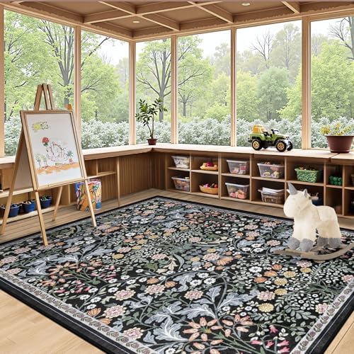 PLHXFR Area Rug Living Room: 5x7 Floral Washable Boho Carpet Dark Black - Image 5
