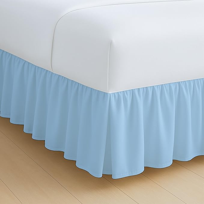 Rajlinen Ruffled Bed Skirt Full, 15 Inch Drop Dust Ruffle with Split Corners, 100% Microfiber Bedskirt with Platform, Three-Sided Coverage Ruffled Gathering Design, Light Blue
