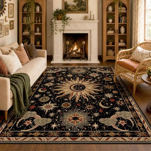 Vacuum-Friendly, 5x8 Washable Area Rug, Black Gold Beige Red by meejou