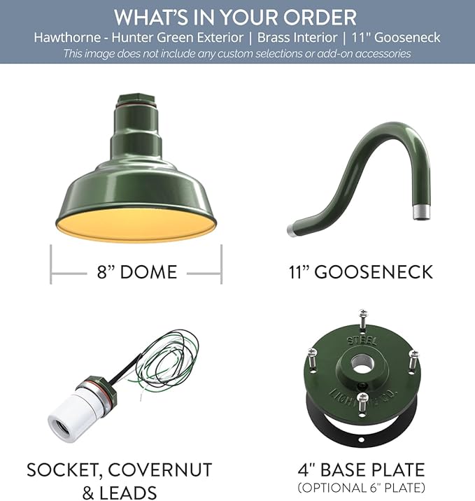 Steel Lighting Co. Hawthorne Barn Light | Outdoor Wall Mounted | 8 inch Dome | 11" Gooseneck | Small Farmhouse Light Made in America | Hunter Green Exterior/Brass Interior