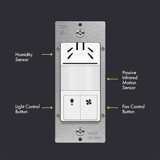 TOPGREENER Dual Tech Humidity Sensor Switch, Infrared PIR Motion & Air Moisture Detection, Bathroom Fan & Light Control, Adjustable Timing, Neutral Wire Required, UL Listed, TDHOS5, White
