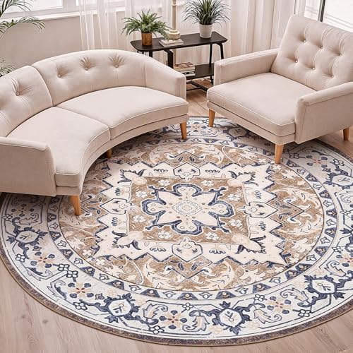 Lofus 8ft Round Area Rugs for Living Room, Vintage Boho Carpet Floral Brown by Lofus