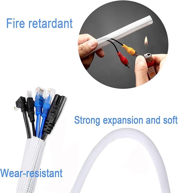 QCSIW 50ft 1 Inch White Cable Sleeve – Split Wire Loom Tubing Cord Protector – Flame Retardant Polyester Cable Management Wrap for Desk, TV, PC – Pet Chew Resistant & Easy to Cut