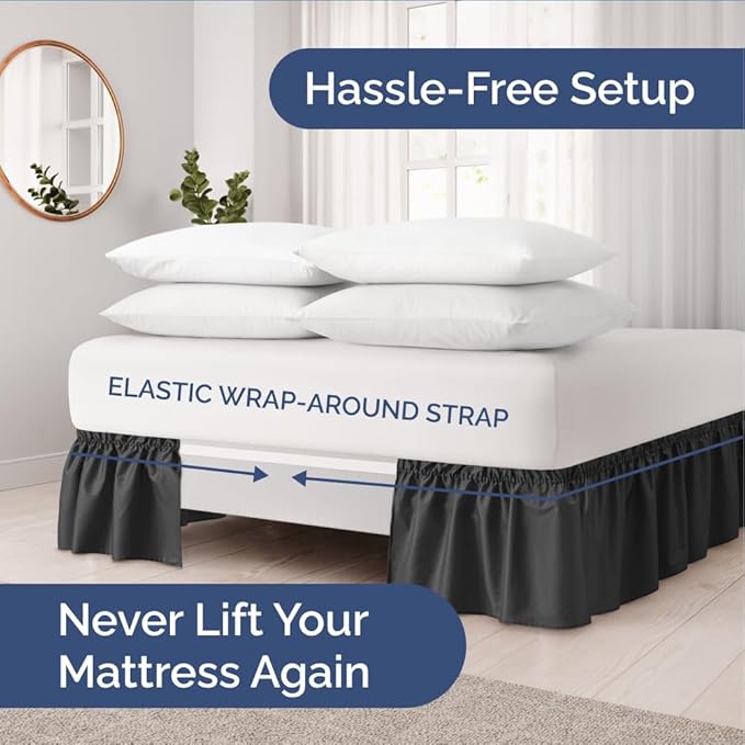Wrap Around Dust Ruffle Bed Skirt - Black - for Twin Size Beds w/ 14 Inch Drop - Easy Fit Elastic Strap - Adjustable Pleated Bedskirt w/Brushed Fabric, Wrinkle & Fade Free Women, Men, Kids & Teens