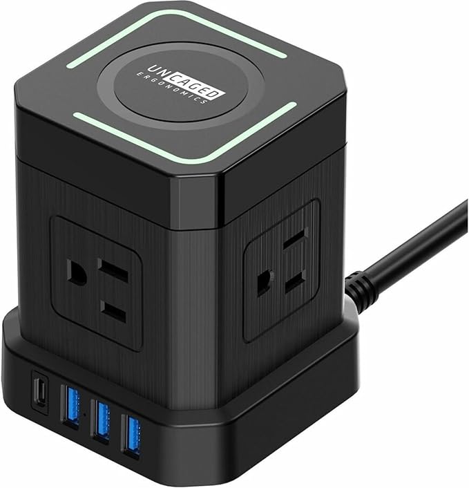 Uncaged Ergonomics Wireless Charger Cube Power Strip with USB Ports & Surge Protection, 10ft Extension Cord, 4 AC Plugs, 3 USB Ports (1C), Fast Charging, On/Off Switch, Nightstand Charger Station