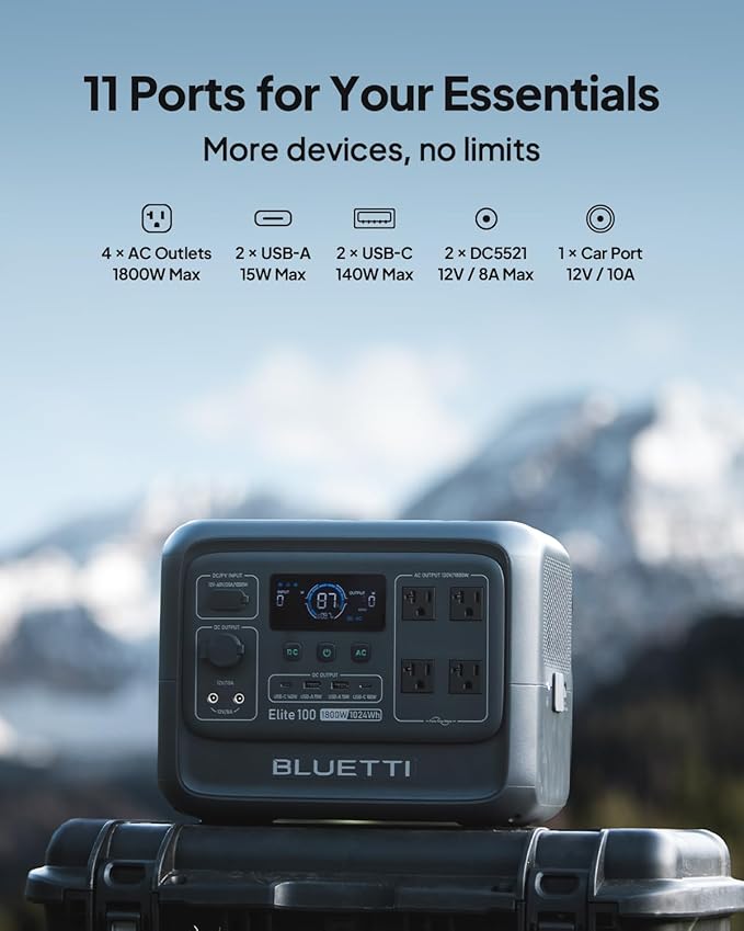 BLUETTI Elite 100 V2 Portable Power Station and Solar Cable, 1024Wh LFP Battery Backup w/ 4 1800W AC Ports (3600W Surge), 35% Smaller, Fast Charge and UPS Solar Generator for Camping, Road Trip