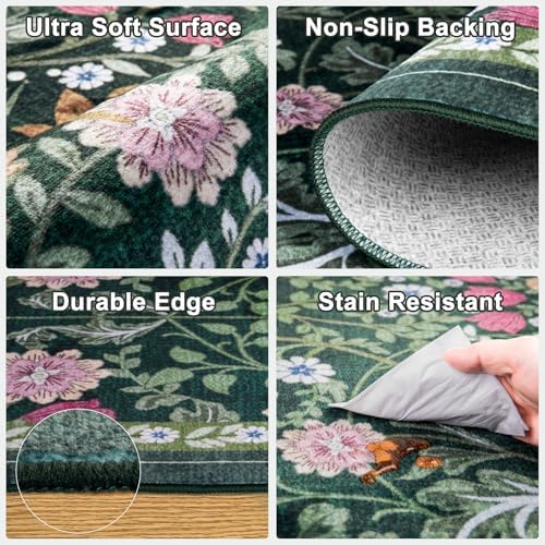 PLHXFR Round Area Rug Living Room: 6 ft Floral Washable Carpet Dark Green - Image 6