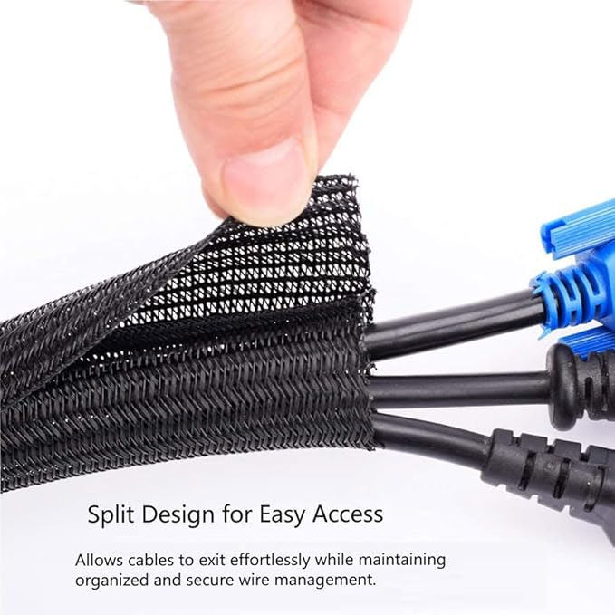 QCSIW 3/4" 25ft Expandable Braided Cable Sleeve Split Wire Loom Tubing – Pet-Proof Cord Protector for USB, Power Cords, Audio/Video Cables – Durable Wire Management Sleeving Black