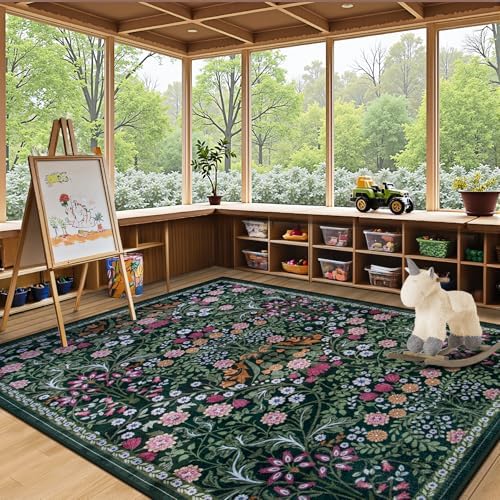 PLHXFR 6x9 Area Rug Living Room: Floral Washable Boho Carpet Dark Green - Image 5