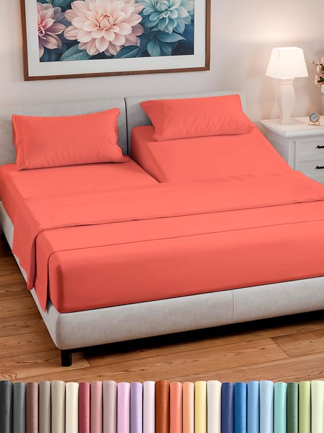 Split Head King Sheet Set – 4 Piece Flex Split Top King Sheets for Adjustable Beds - Fits 14” to 16" Mattress w/ Deep Pockets - Ultra-Soft, Breathable & Cooling - Luxury Bedding & Wrinkle Free - Coral
