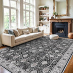 Vintage 10x14 Washable Area Rug: Large Living Room Rugs Indoor Soft Stain Resistant Carpet with Non-Slip Backing for Bedroom Dining Room Farmhouse Low Pile Floor Mat for King Size Bed (10x14 Black) - Image 4