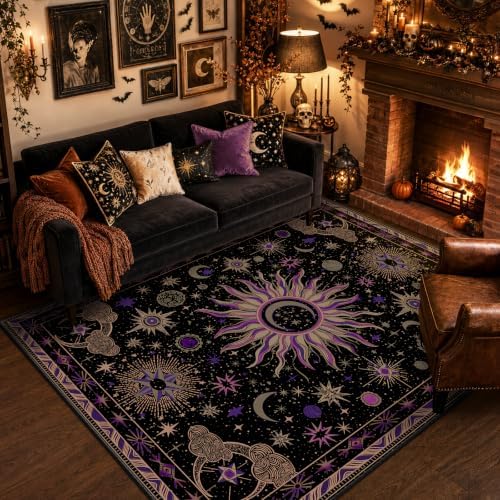 Vacuum-Friendly, 5x7 Washable Area Rug, Black Purple Beige by meejou