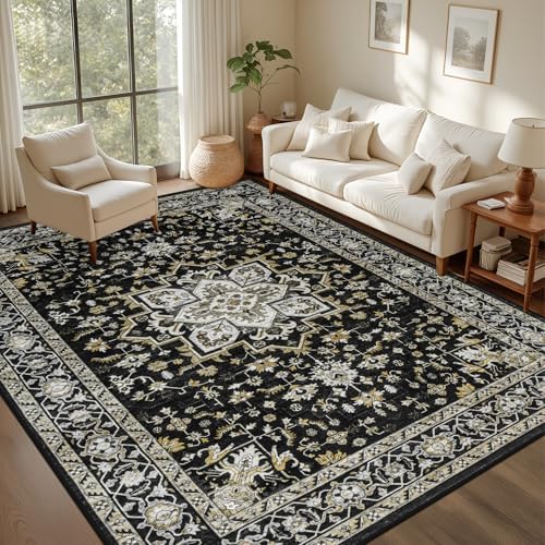 5x7 Area Rugs Living Room: Washable Rug for Bedroom Black Gold by EXPEDIX