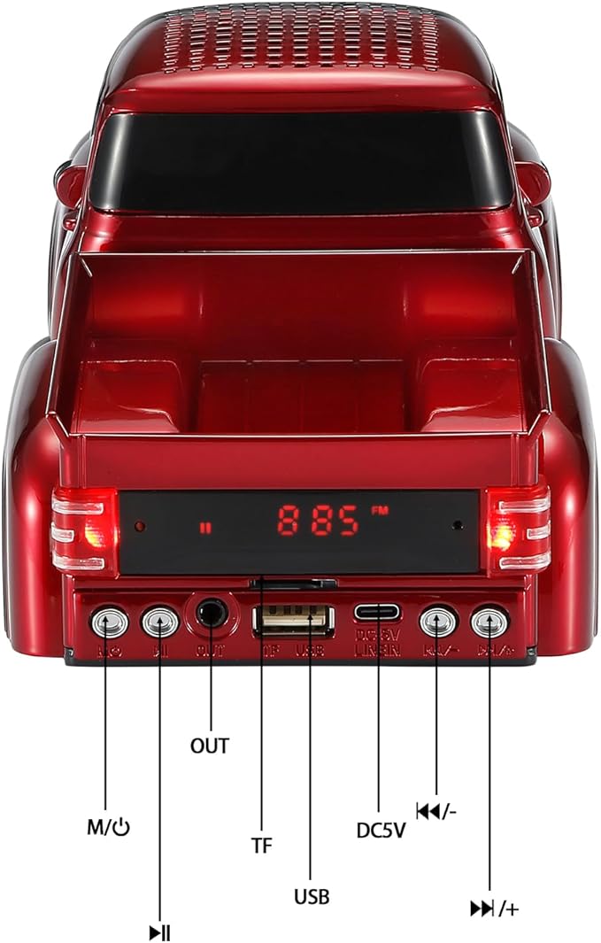 WSTER WS-538 Retro Pickup Truck Bluetooth Replica Speaker – Portable Wireless Car Model Speaker with FM, TWS, LED Party Lights, USB/TF Playback, Built-in Microphone, Type-C, Surprise Gift(Red)