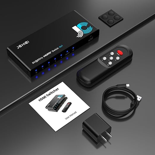 HDMI 2.1 Switch 4 in 1 Out 8K@60Hz 4K@120Hz, 4 Ports HDMI Switcher Splitter Selector with Remote, Support HDCP 2.3 HDR 10+ Dolby Vision/Atmos 48Gbps CEC for Apple TV Game PC PS Pro Xbox Roku