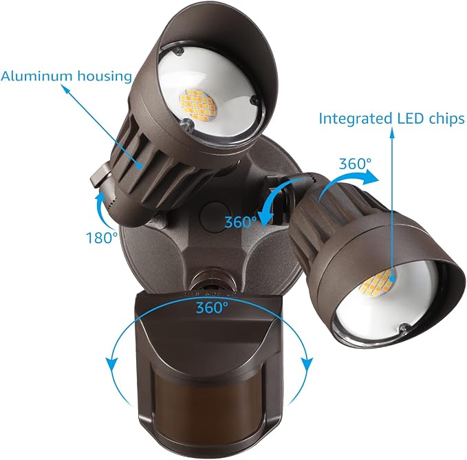 LEONLITE 3CCT LED Security Light, Motion Sensor Outdoor Lights, Dusk to Dawn, ETL Listed, Adjustable Heads, 3000K4000K5000K Selectable, Motion Detector Flood Light for Outside, IP65 Waterproof, Bronze