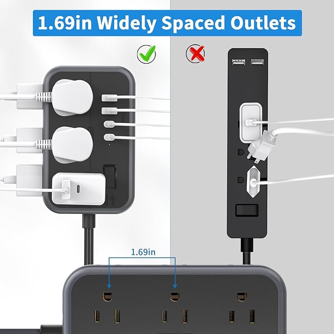 10 in 1Power Strip NTONPOWER Ultra Thin Flat Plug Extension Cord with 4 USB Ports(Include 2 USB C) Surge Protector Power Strip with Flat Cord 6 Widely Spaced Outlet(2 Side) 5 Ft Extension Cord-Black