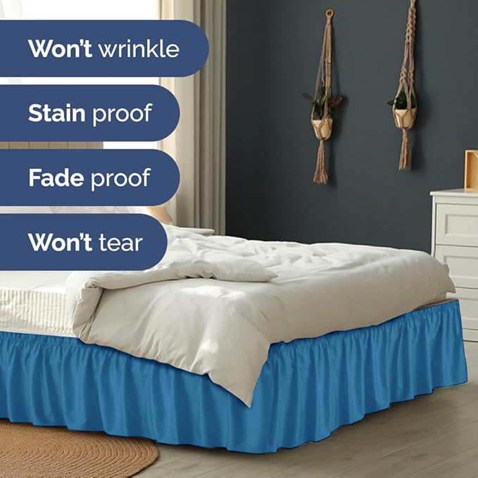 Wrap Around Dust Ruffle Bed Skirt - Denim Blue - for Queen Size Beds with 12 Inch Drop - Elastic Strap - Adjustable Pleated Bedskirt with Brushed Fabric and Wrinkle Free - For Women, Men, Kids & Teens