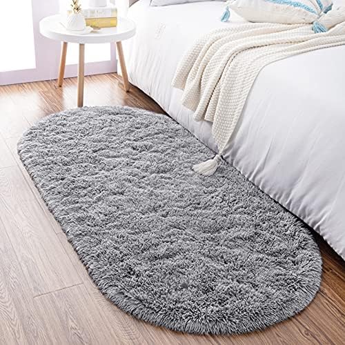 Noahas 2.6x5.3 Grey Fluffy Soft Oval Rug Non-Slip for Bedroom Dorm Hallway by ModernHomeDecor