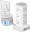 Tower Power Strips with Surge Protection, 6FT Flat Extension Cord with Multiple Outlets, 12 AC 4 USB Ports, Overload Protection Charging Station for Office Home Dorm Room Travel (White)