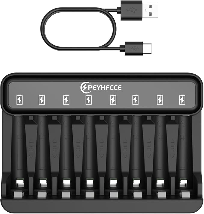 PEYHFCCE AA AAA 8 Bay Battery Charger with High-Speed Charging, Independent Slot for 1.2V Ni-MH Rechargeable Batteries