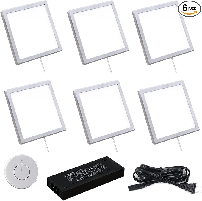 VST Under Cabinet Mini Panel Lighting 6PCS 3.94inch 12V 2.5W(Total 15W) with Wireless Dimmer Switch, Surface Mount Puck Light for Kitchen Van Truck Car Galley Downlight (Square Silver 4000K)