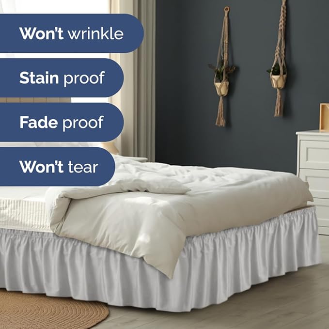 Wrap Around Dust Ruffle Bed Skirt - Light Grey - for King Size Beds w/ 14 Inch Drop - Easy Fit Elastic Strap - Adjustable Pleated Bedskirt with Brushed Fabric, Wrinkle Free Women, Men, Kids and Teens