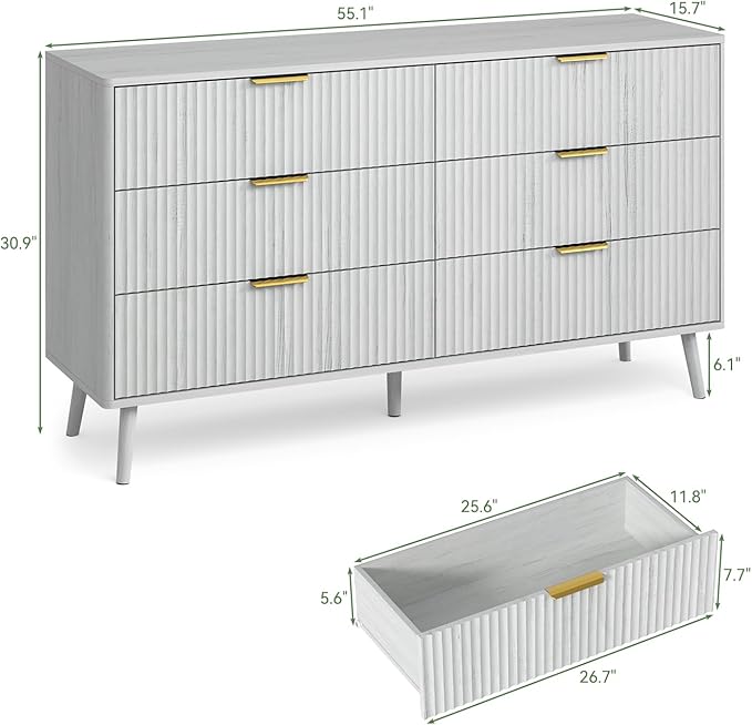 LYNSOM 55" Wide Fluted Dresser for Bedroom with 6 Drawer, Modern Chest of Drawers with Curved Profile Design and Metal Handles, Wood Dresser TV Stand & Storage Organizer for Living Room, White