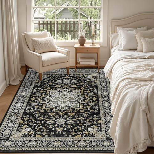5x7 Area Rugs Living Room: Washable Rug for Bedroom Black Gold - Image 4
