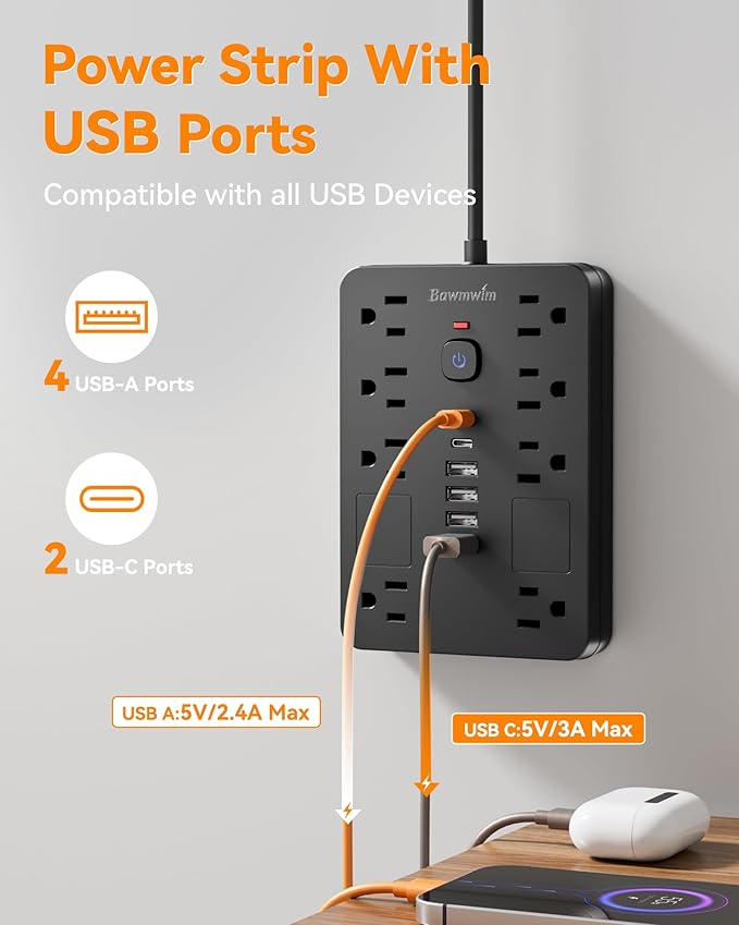 Bawmwim Surge Protector Power Strip - 8 Outlets(1850W/15A) with 6 USB Ports（2 USB C, 6FT Flat Plug Extension Cord, Wall Mount Multi Plug Outlet Extender, ETL Listed for Home, Dorm Room, Black