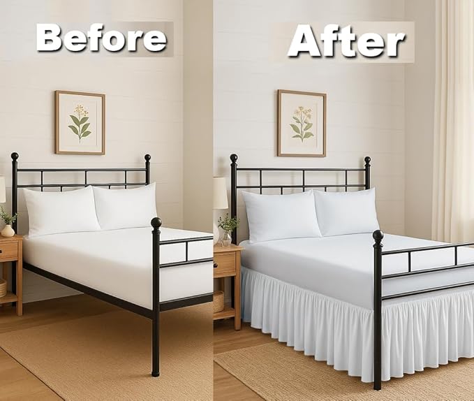 Ruffled Bed Skirt Split Corners with Platform, Tailored Fit Hotel Quality Wrinkle Free Ultra-Soft Microfiber Dust Ruffle, Upto 28 Inch Drop, Twin, White