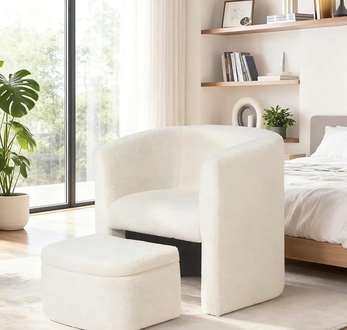 Mid-Century Velvet Living Room Chair Set of 2 with Storage Ottoman, Space-Saving Accent Chairs for Bedroom/Reading Spaces/Office, Cream