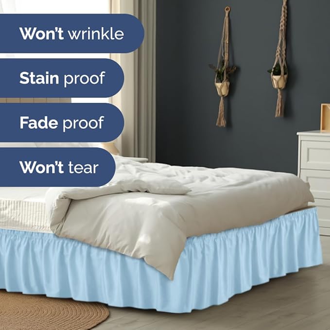 Wrap Around Dust Ruffle Bed Skirt - Light Blue - for Full Size Beds with 12 Inch Drop - Elastic Strap - Adjustable Pleated Bedskirt with Brushed Fabric and Wrinkle Free - for Women, Men, Kids & Teens