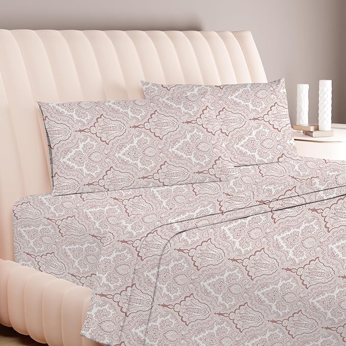 Carressa Linen Luxury Egyptian Cotton California King Printed Sheet Set 600 Thread Count Extra Long Staple 4 PC Set, Paisley Blush Cal King Printed Sheets, Soft, Cooling Sheets Upto 18 in Deep Pocket
