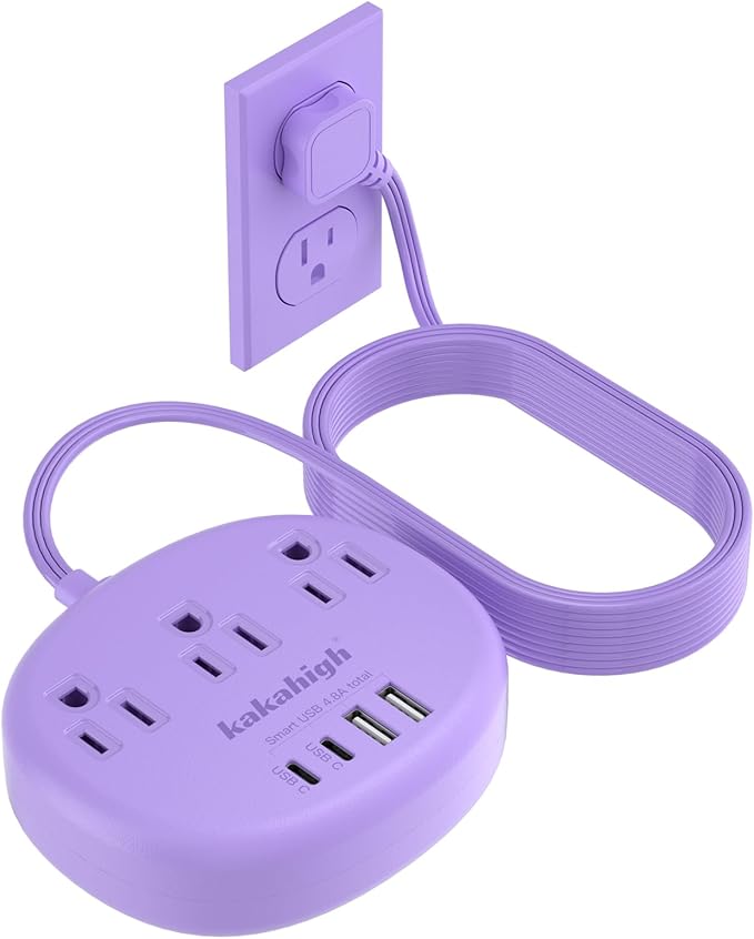 Purple Extension Cord - 10 FT Flat Extension Cord, 1625W Cute Extension Cord with 3 AC Outlet 4 USB (24W/4.8A), Compact for Cute Purple Kawaii Lavender Desk Accessories