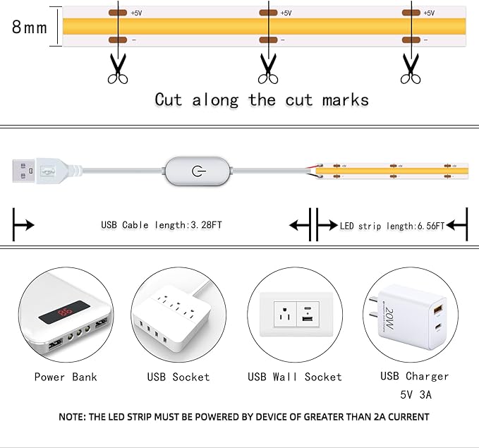 UVTaoYuan Led Strip Lights 5V USB 6.56ft/2m 640 LEDs Touch stepless Dimmable USB COB LED Strip Light 6500K White 10W Flexible 5v led for Bedroom Kitchen,Room Decor,3D Printing Lighting (3Pack)