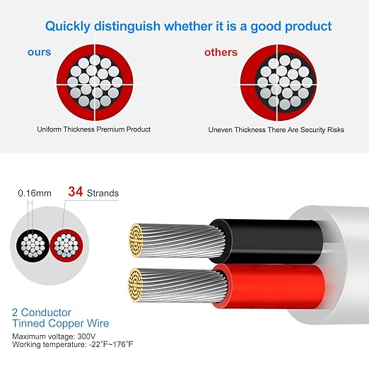 18 Gauge 2 Conductor Electrical Wire, 49.2FT Low Voltage 18/2 Tinned Copper Stranded 2 Wire Cable, 18 AWG White Flexible Extension Power Cord for Automotive, LED Lamp, Outdoor Landscape Lighting Etc