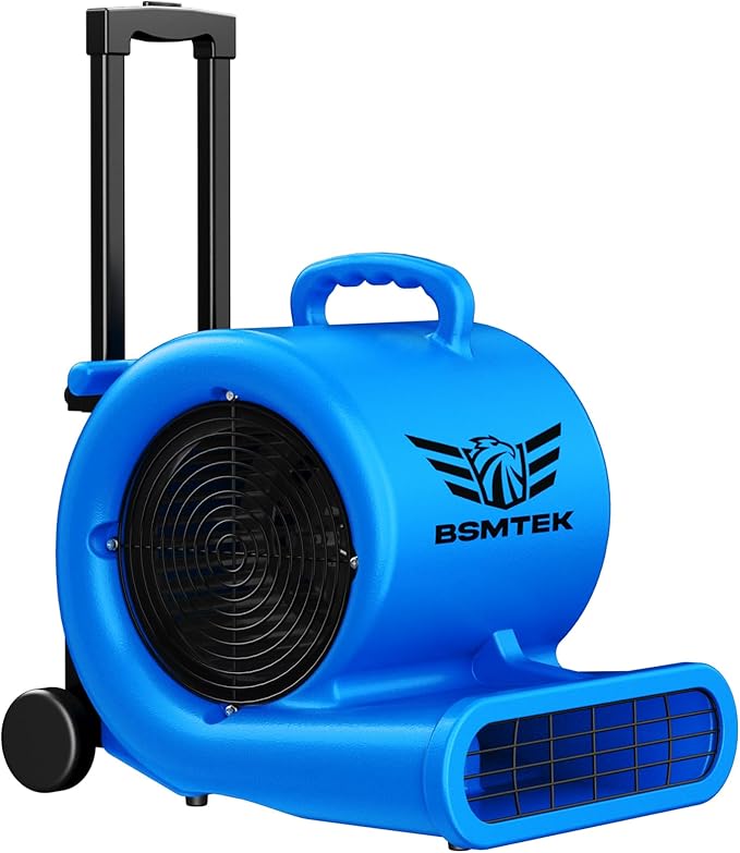 BSMTEK 5000 CFM 1HP Air Mover Blower Fan, Floor Blower Dryer - Timer for Industria, 3 Speeds, 4 Adjustable Angles, Handle Wheelkit, 15Ft Long Cord Portable, Stackable - 2026 Upgraded, Blue