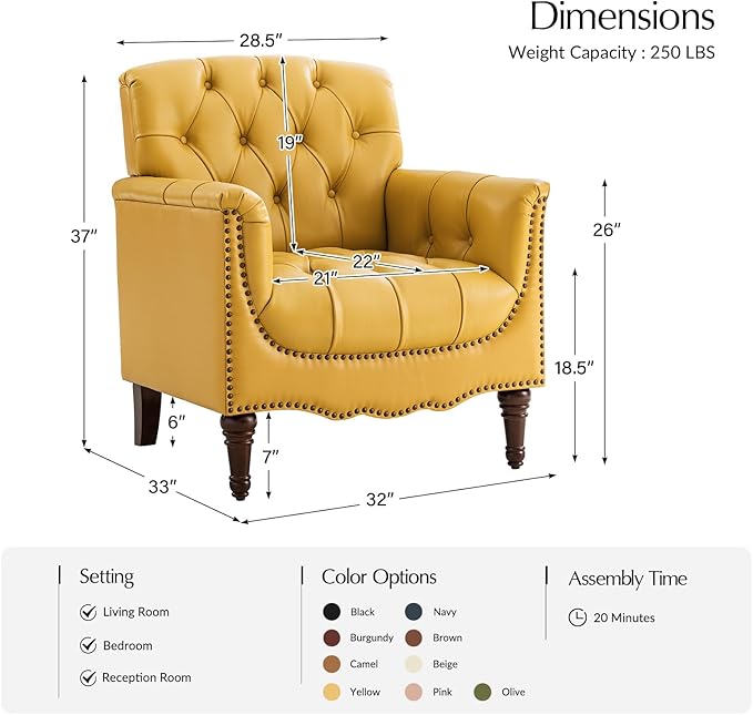 HULALA HOME Mid Century Modern Leather Club Chairs Set of 2, Top-Grain Genuine Leather Armchairs with Button-Tufted Back & Solid Wood Legs, Accent Chairs for Living Room/Bedroom/Home Office, Yellow